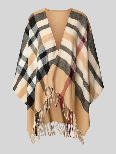 Produktfoto, Relaxed Fit Poncho in Strick-Optik von FRAAS, beige, schwarz, weiß und rot kariert mit Fransen-Abschluss, 3/4-Arm, Rückenlänge bei Größe 1: 62 cm, Ärmellänge bei Größe 1: 57 cm
