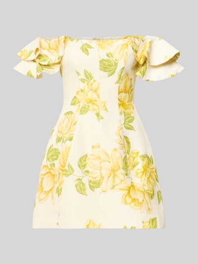 Produktfoto, Minikleid aus Leinen-Mix mit Viskose-Anteil Modell 'Kenzie' von Forever New, floraler Print in Gelb und Grün auf cremefarbenem Stoff, feminine taillierte Passform, Off-Shoulder Design, strukturierte Textur