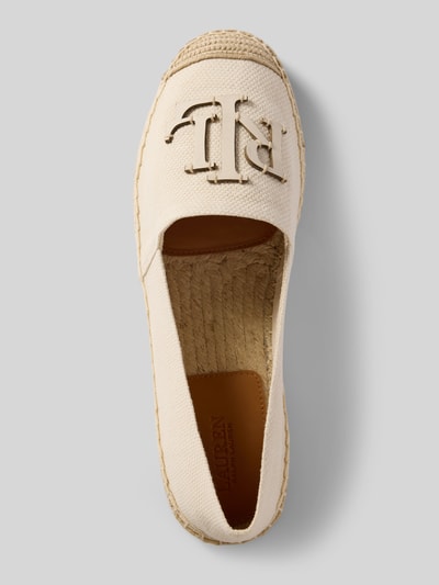 Produktfoto, Espadrilles mit Logo Applikation Modell 'CAMERYN' von Lauren Ralph Lauren, z efektem melanżu, okrągły nosek buta, płaska podeszwa, aplikacja z logo, bez zapięcia, lekko fakturowana podeszwa, wykończenie materiału: haft szydełkowy, płótno