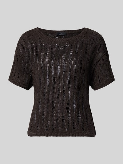 Produktfoto, T-Shirt in semitransparentem Design Modell 'Ajour' von monari, braun, Strick-Optik, taillierte Passform, kurzärmelig, Rundhalsausschnitt, Damen T-Shirt, Struktur mit offenen Strick-Details, Rückenlänge bei Größe 36: 53 cm, Ärmellänge: 17 cm.
