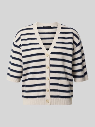 Produktfoto, Cardigan aus Wolle-Kaschmir-Mix mit 1/2-Arm von Luisa Cerano, kremowe i granatowe paski, krój relaxed fit, dekolt V, zapięcie na guziki, długość tyłu w rozmiarze 36: 57 cm, długość rękawa: 34 cm