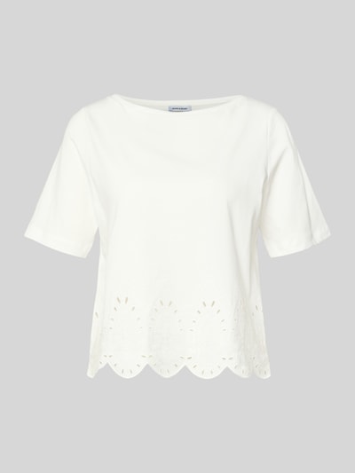 Produktfoto, T-Shirt mit Rundhalsausschnitt und Lochstickerei von More & More, Damen T-Shirt aus Reine Baumwolle, Regular-Fit, weiß, Rückenlänge 66 cm bei Größe 36