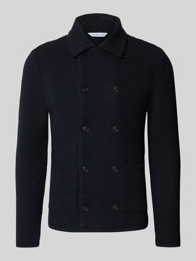 Produktfoto, Slim Fit Cardigan mit Leinen-Alpaka-Anteil in Strick-Optik von Manuel Ritz, schwarz, doppelreihig, Umlegekragen, glatte Textur