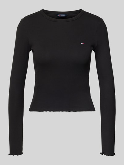 Produktfoto, Slim Fit Langarmshirt aus Baumwoll-Mix von Tommy Jeans, czarny, jednolity, krój slim fit, okrągły dekolt, długi rękaw, drobna faktura, logo, wykończenie frill