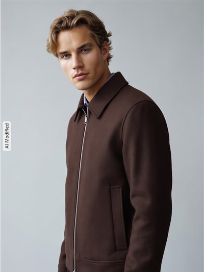 Männermodel trägt Blouson aus Woll-Mix mit Zweiwege Reißverschluss von Selected, unifarben, Umlegekragen, Nahaufnahme Oberkörper, KI-modifiziertes Bild.