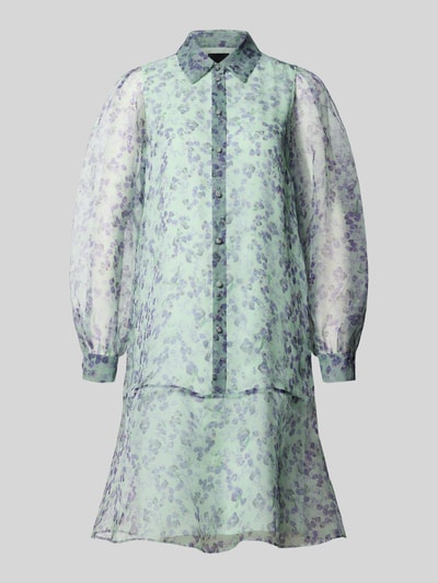 Produktfoto, Knielanges Kleid aus Seide mit Knopfleiste von Marc Cain, mięta i fiolet, prosty krój, wzór na całej powierzchni, półprzezroczysty materiał, kołnierzyk koszulowy, listwa guzikowa, długość do kolan, długość tyłu w rozmiarze 36: 94 cm, szerokość w rozmiarze 36: 50 cm, długość rękawów w rozmiarze 36: 64 cm