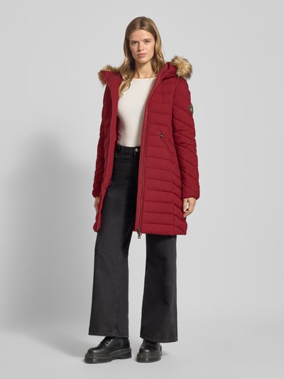 Superdry Regular fit gewatteerde lange jas met imitatiebont, model 'Fuji' Donkerrood - 1