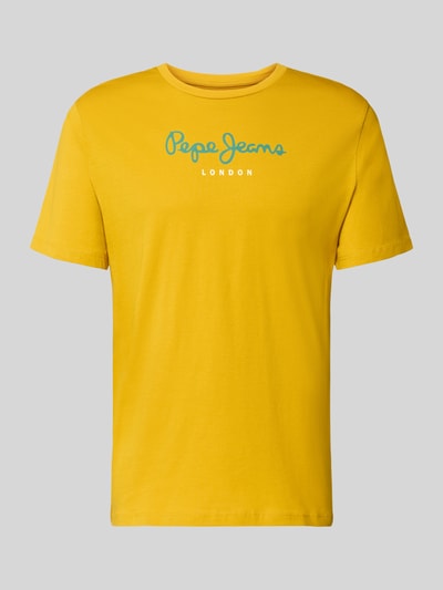 Produktfoto, Regular Fit T-Shirt aus reiner Baumwolle Modell 'EGGO' von Pepe Jeans, żółty, gładki jersey, nadruk z logo, krótki rękaw, dekolt okrągły