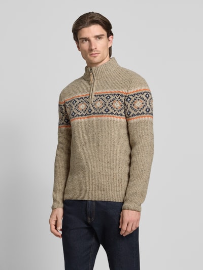 RAGMAN Sweter z mieszanki wełny z norweskim wzorem i kołnierzem zapinanym Jasnoszary 4