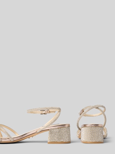 Produktfoto, Sandaletten mit Allover-Strasssteinbesatz Modell 'Cerena' von Steve Madden, eckige Form, offene Ferse, 5 cm Blockabsatz, Damen Sandaletten, funkelnde Textur, neutraler Farbton