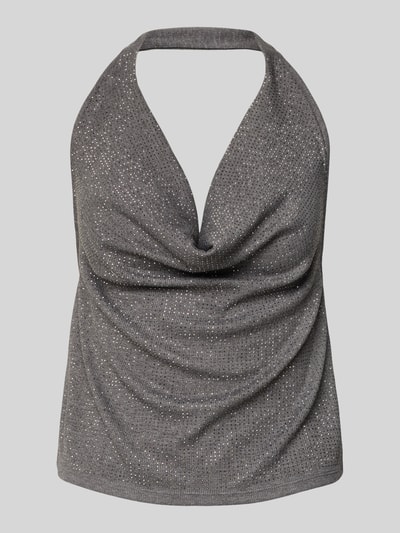Produktfoto, graues schimmerndes Blusentop mit Wasserfall-Ausschnitt und Strasssteinbesatz, Modell 'SPARKLE' von Mango, taillierte Passform, elastischer Material-Mix mit Viskose-Anteil, neckholder, schulter- und ärmellos.