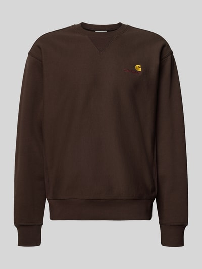 Produktfoto, Herren Sweatshirt mit Label-Stitching von Carhartt Work In Progress in Dunkelbraun, Baumwoll-Mix, lockerer Schnitt, gerippte Abschlüsse, Rundhalsausschnitt