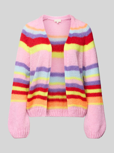 Produktfoto, Relaxed Fit Cardigan mit Mohair-Anteil in Strick-Optik von Milano Italy, mehrfarbig gestreift, elastische Abschlüsse, weiche Textur.