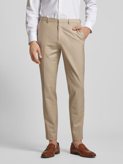 HUGO Spodnie o kroju regular fit z zakładkami w pasie model ‘Hesten’ Beżowy 4