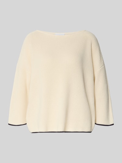 Produktfoto, cremefarbener Strickpullover mit 3/4-Ärmel von comma, reine Baumwolle, lockerer Schnitt, gerippte Textur, U-Boot-Ausschnitt