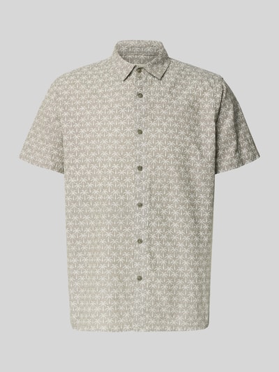 Produktfoto, Regular Fit Freizeithemd mit Kentkragen Modell 'ABAN' von Blend, Baumwoll-Leinen-Mix, Allover-Look mit Palmen-Muster, beige-weiß