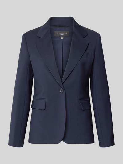 Produktfoto, dunkelblauer taillierter Blazer aus reiner Schurwolle Modell 'LAMINE' von Weekend Max Mara, Reverskragen, Pattentaschen, 1-Knopf-Verschluss, glatte Textur, unifarbene Optik