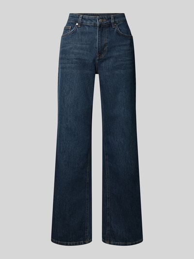 Produktfoto, dunkelblaue Straight Fit Jeans aus elastischem Baumwoll-Mix Modell 'The Louis' von My Essential Wardrobe, 5-Pocket-Design, glatte Textur, sichtbarer Knopf- und Reißverschluss, neutraler Hintergrund, Damen Jeans von My Essential Wardrobe