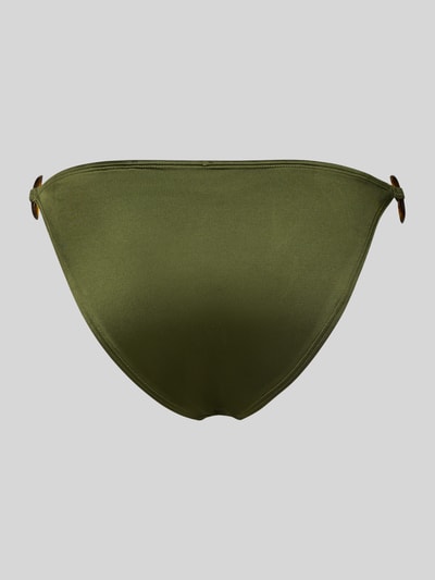 Produktfoto, unifarbener olivgrüner Bikini-Slip mit Zierelementen, glatte Textur, Modell 'GUARANA' von DORINA, Material-Mix mit Stretch-Anteil
