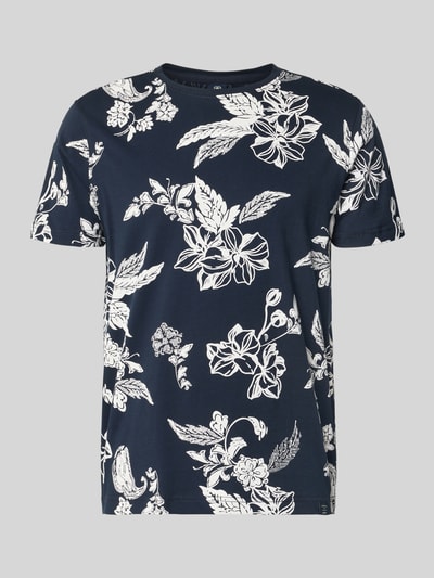 Produktfoto, T-Shirt mit Rundhalsausschnitt und Label-Detail von Lerros, Herren T-Shirt aus Reine Baumwolle, Gerader-Schnitt, Rundhalsausschnitt, Rückenlänge 70 cm bei Größe M, dunkler Grundton, weißes florales Muster