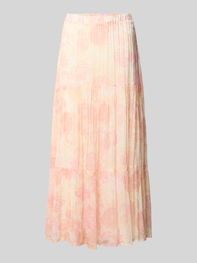 Produktfoto, Maxirock aus Viskose im Stufen-Look Modell 'Caloa' von OH APRIL, A-Linie, florales Muster in Rosa und Gelb, Label-Detail, elastischer Bund, Bundweite 38 cm, Gesamtlänge 92 cm, Damen