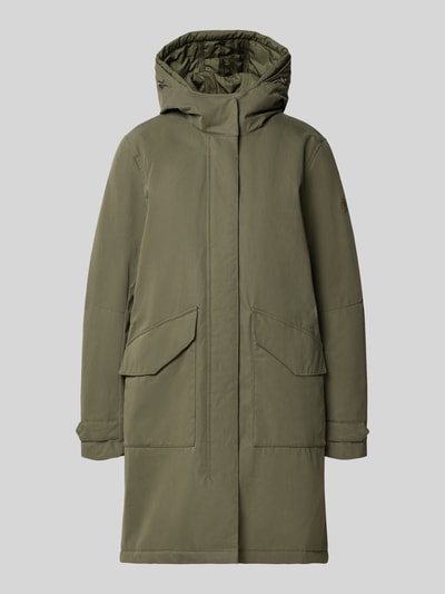 Produktfoto, Parka mit Kapuze und Pattentaschen von camel active in Olivgrün, Baumwoll-Mix, Relaxed Fit, glatte Textur, verdeckter Reißverschluss