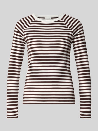 Produktfoto, Slim Fit Longsleeve mit Rundhalsausschnitt Modell 'Sorka' von OPUS, bawełna, krój slim fit, długość tyłu w rozmiarze 36: 58 cm, białe i brązowe paski, faktura prążkowana