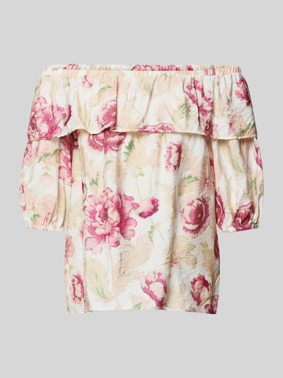 Produktfoto, Regular Fit Bluse aus Viskose-Mix Modell 'Maise' von FREE/QUENT mit floraler Allover-Print, Halbarm, Rüschenbesatz, beige-rosa Textur. Damen Bluse.