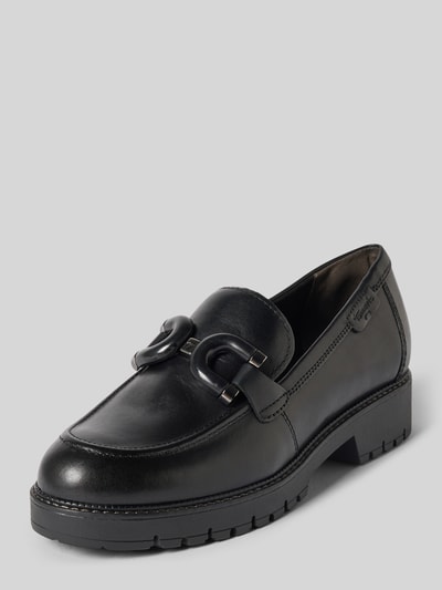 Produktfoto, Loafer aus echtem Rindsleder von Tamaris, Damen Loafer in Schwarz mit markanter Sohle und glänzender Schnalle, matte Textur