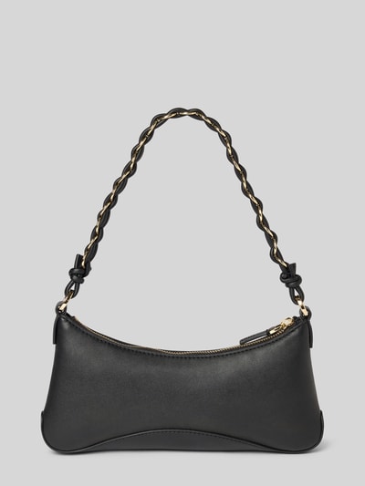 Productfoto, Clutch met labelreliëf model 'Ilary' van HUGO in effen zwart kunstleer met ritssluiting, hoofdvak en schouderketting, gladde textuur.