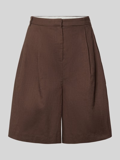 Produktfoto, braune Bermudas aus Baumwoll-Leinen-Mix Modell 'Nika' von Neo Noir, Regular-Fit mit Gelegten Falten, strukturierte Oberfläche