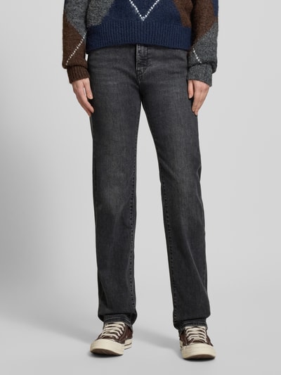 Frauenmodel trägt Straight Fit Jeans mit 5-Pocket-Design von Levi's®, dunkelgrau, Baumwoll-Mix mit Viskose, Ganzkörperansicht von vorne.