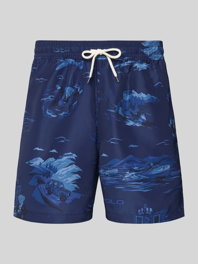 Produktfoto, Badehose mit elastischem Bund und Tunnelzug von Polo Ralph Lauren Underwear, Regular Fit, Allover-Look in Blau mit Print, kurze Hosenform