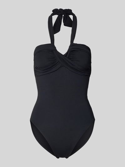 Produktfoto, Body mit Neckholder von Seafolly in Schwarz mit Raffungen, körpernaher Schnitt, Stretch-Material, Neckholder mit Schnürverschluss