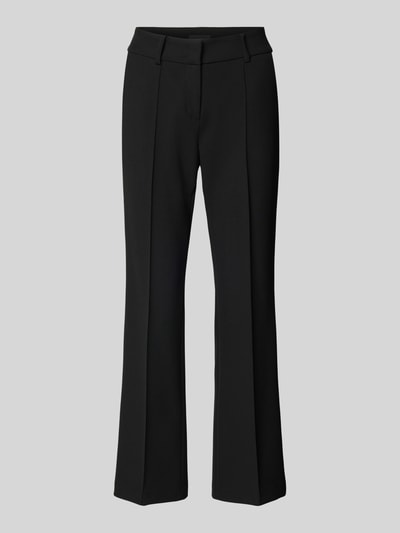 Produktfoto, Flared Fit Stoffhose mit Viskose-Anteil Modell 'Farah' von Cambio, schwarze Damen Stoffhose mit Ziernaht, Haken- und Reißverschluss, elastischer Material-Mix, vor grauem Hintergrund.