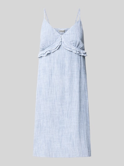 Produktfoto, Ausgestelltes Freizeitkleid aus Viskose-Leinen-Mix Modell 'SIESTA MW' von Only in Two-Tone-Optik mit feinem Streifen-Muster, Mini-Länge, tiefem V-Ausschnitt, Spaghettiträgern und Flammgarn-Struktur.