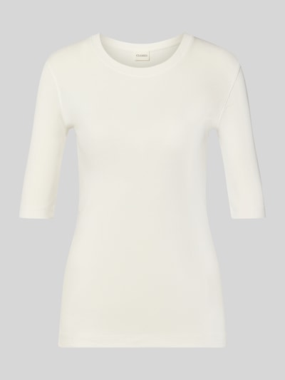 Produktfoto, T-Shirt mit Rundhalsausschnitt und 1/2-Arm von Closed aus Baumwoll-Modal-Mix, Slim-Fit in Weiß, glatte Textur, Rückenlänge 61 cm bei Größe S