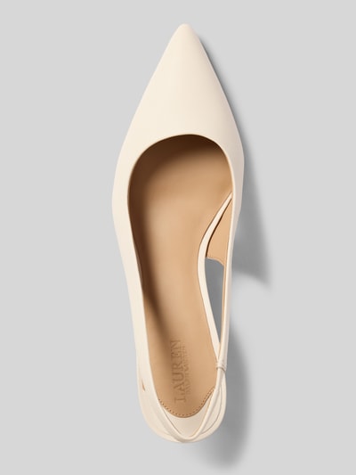 Produktfoto, Pumps mit Pfennigabsatz Modell 'LOLAH II' von Lauren Ralph Lauren aus unifarbenem, beschichtetem Rindsleder, spitze Schuhspitze, Label-Prägung, leicht strukturierte Sohle, Obermaterial Glattleder, Ansicht von oben.