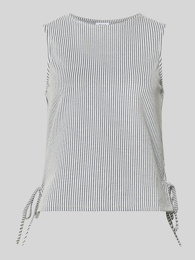 Produktfoto, Blusentop mit seitlicher Schnürung Modell 'STRIPLO' von Vila im Streifen-Design, Material-Mix mit Baumwoll-Anteil, Straight Fit, Rundhalsausschnitt, Rückenlänge bei Größe S 49 cm.