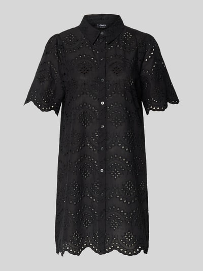 Produktfoto, Ausgestelltes Freizeitkleid aus reiner Baumwolle Modell 'VALAIS' von Only in Schwarz, Optik: Unifarben, Mini-Länge, Hemdkragen, Kurzarm, Knopfleiste, gewebte Details, strukturierte Oberfläche.