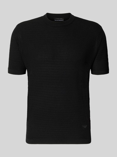 Produktfoto, schwarzes Slim Fit Strickshirt aus reiner Wolle von Emporio Armani, strukturierte Oberfläche, gerippte Abschlüsse, Kurzarm, Herren, Rückenlänge 67 cm, Ärmellänge 32 cm
