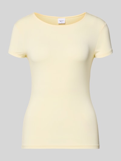 Produktfoto, Slim Fit T-Shirt aus Modal-Mix von Gina Tricot in hellem Gelb, Rundhalsausschnitt, kurze Ärmel, glatte Oberfläche.