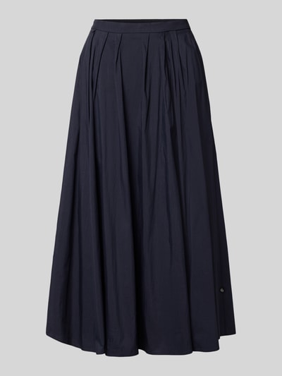 Produktfoto, Midirock mit gelegten Falten von ROBE LÉGÈRE aus dunkelblauem Baumwoll-Mix in A-Linie, teilelastischer Bund, strukturierte Oberfläche