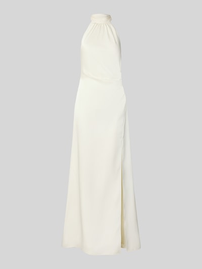 Produktfoto, Regular Fit Abendkleid mit Raffungen von Jake*s Cocktail aus cremefarbenem Satin, ärmellos, Halterneck, Gehschlitz, Rückenausschnitt