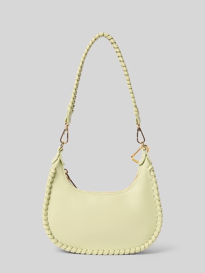 Produktfoto, Damen Half Moon Bag von Seidenfelt, Modell 'LILJENDAL', Label-Detail, Hauptfach mit Reißverschluss, Verstellbarer Schultergurt, Breite 18 cm, Länge 19 cm, Tiefe 6 cm, Länge Schulterriemen 118 cm, sanftes Gelb, abgerundete Form, glatte Oberfläche, dezente Ziernaht-Struktur.