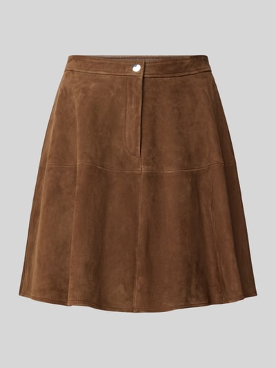 Produktfoto, Regular Fit A-Linien Mini-Rock aus Veloursleder von HUGO, braun mit samtartiger Textur, Damen Mini-Rock von HUGO
