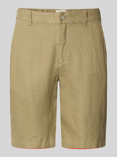 Produktfoto, Leinen Shorts mit Eingrifftaschen Modell 'PANDRUP' von Casual Friday in Beige, Straight Fit, sichtbarer Knopf- und Reißverschluss, Struktur durch reines Leinen, Bundweite 44 cm, Innenbeinlänge 23 cm, Herren Shorts