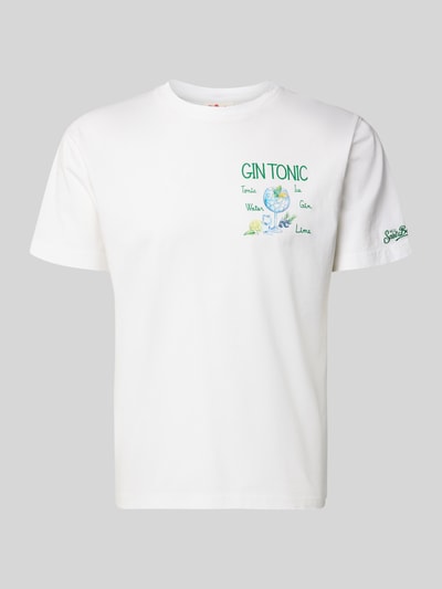 Produktfoto, białe T-Shirt z krótkim rękawem z bawełny z kolorowymi stitchings, dekolt okrągły, model 'PORTOFINO' od MC2 Saint Barth, krój regular fit, długość tyłu w rozmiarze M: 68 cm