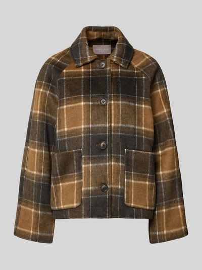 Produktfoto, Regular Fit Jacke mit Woll-Anteil von Christian Berg Woman Selection im karierten Braun-Beige-Muster, Material-Mix mit Woll-Anteil, Umlegekragen, Knopfleiste, aufgesetzte Taschen, Rückenlänge 60 cm, Schulterbreite 44 cm, Brustweite 56 cm, Ärmellänge 61 cm