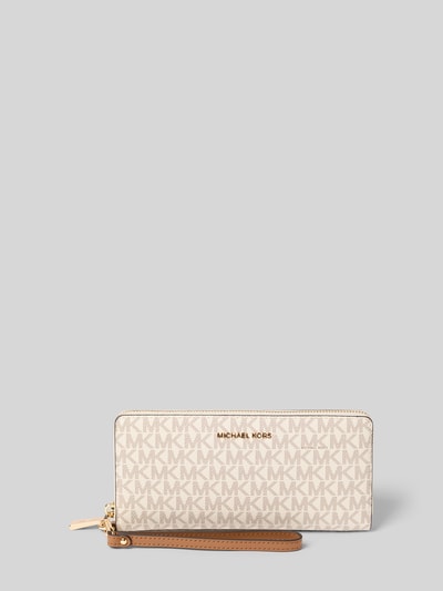 Produktfoto, Portemonnaie mit Logo-Applikation Modell 'Jet Set' von MICHAEL Michael Kors, beigefarbener Allover-Logo-Print, Reißverschluss, glatte Struktur.